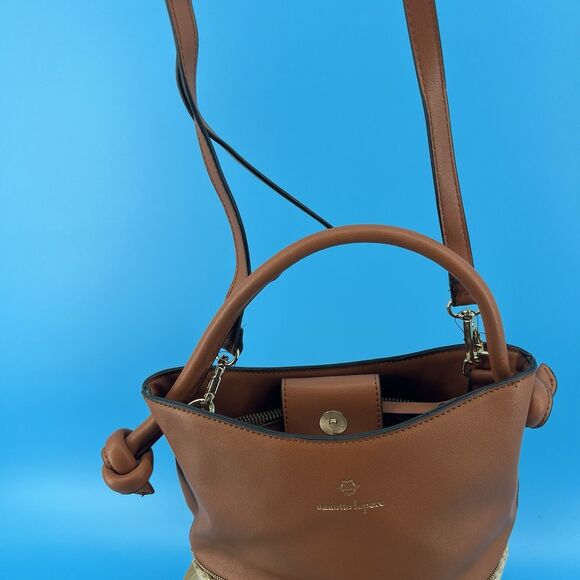 Nanette Lepore Reese Bucket Rattan Bottom Vegan Leather Bag Purse Brown/Tan - Picture 10 of 14